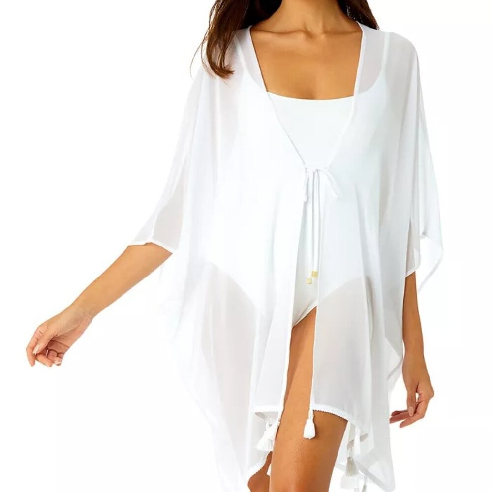 Anne Cole Women’s Tie-Front Kimono High-Low Cover-Up – Brilliant White – SIZE XL
